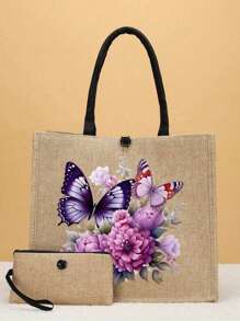 2 件粉色蝴蝶印花手提包套装，黄麻，时尚图案，包括方便的零钱包，非常适合购物、旅行和海滩探险，多功能女士包，适合日常、旅行、购物、工作、送礼 - 卡其色 - 查看 3