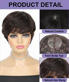 Short Pixie Cut With Fake Scalp Top Human Hair Wigs Short Straight Dark Brown #4/#2 Full Machine Made Human Hair Natural Black Wigs With Bangs For Women Daily Use - S2 - Xem 7