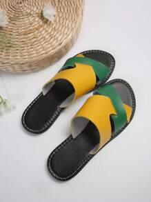Women's Outdoor Sports Fashion Color Block Flat Slides, Comfortable Round Toe Low Heel Indoor/Outdoor Beach Slippers