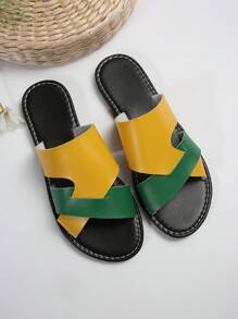 Women's Outdoor Sports Fashion Color Block Flat Slides, Comfortable Round Toe Low Heel Indoor/Outdoor Beach Slippers