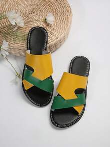Women's Outdoor Sports Fashion Color Block Flat Slides, Comfortable Round Toe Low Heel Indoor/Outdoor Beach Slippers