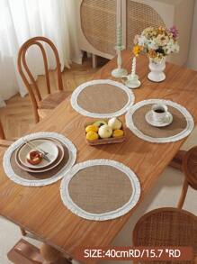 1pc 100% Linen Vintage Rustic Lace Edge Round Placemat, Suitable For Kitchen, Dining Table, Desk, Coffee Table, Vanity, Home Decor, Living Room, Bedroom, Yard, Indoor Outdoor, Camping, Villa, Holiday, Party, Wedding, Cabinet, Family Gathering, Holiday Decoration