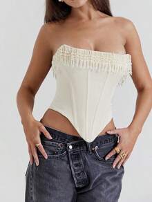 Women Strapless Corset Top With Pearl Fringe Detail – Elegant And Structured - trắng - Xem 5