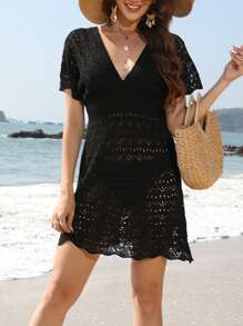 Women's Bikini Cover Ups Short Sleeve Deep V Neck Solid Color Swimsuit Cover Up Summer Mini Dress - Black - View 1