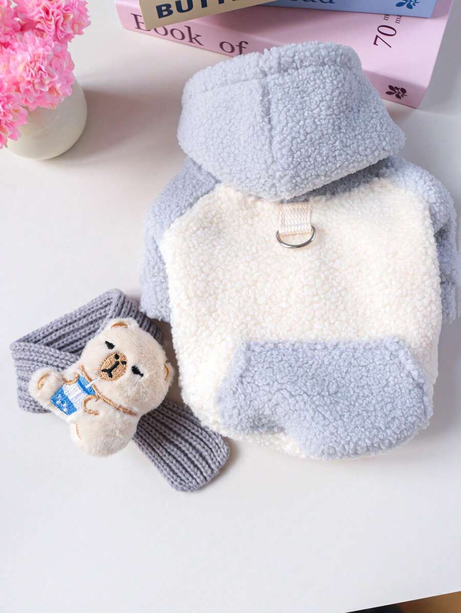 PETCIRCLE 2 件宠物服装，适合小型犬和幼犬的可爱狗猫服装，羊毛连帽衫 + 基本款针织围巾套装 - 灰色（2 件套）