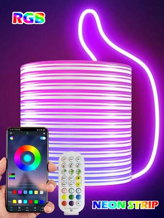 Tira de luces LED RGB tipo neón, luces de cuerda con control remoto/sincronización de música DIY, tiras de luces de neón LED impermeables para decoración de dormitorio interior y exterior