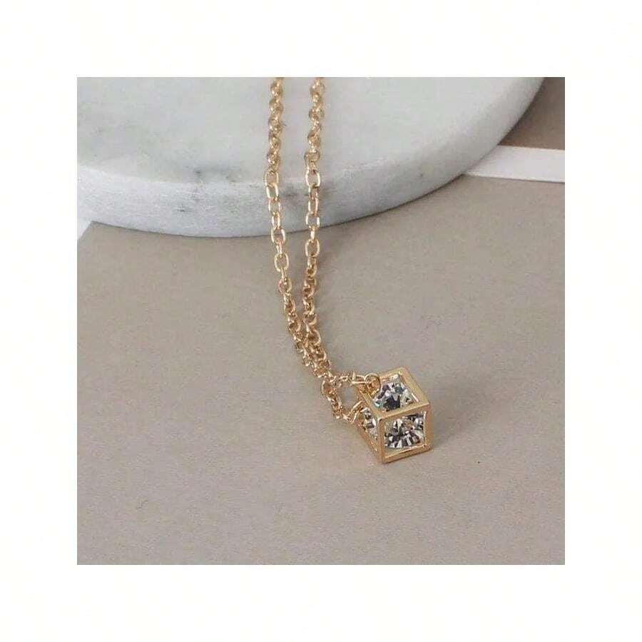 14K Gold Love Cube Three-Dimensional Diamond Shape Necklace Cz Pendant - Gold - View 1