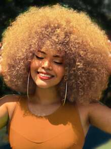 70s African Style Bangs Wig, Women's Curly Wig, Fluffy Curly African Style Wig, High Quality Synthetic Large African Style Wig - Linen Gold - View 3