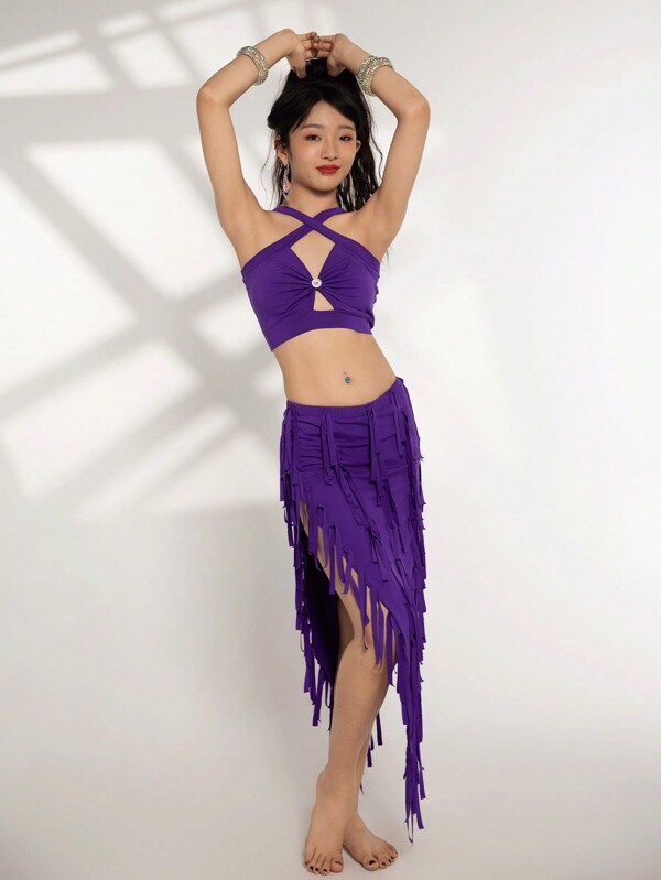 Belly Dance Costume Suit For Women Top+Tassel Skirt 2pcs Oriental Belly Dancing Performance Professional Costumes Set