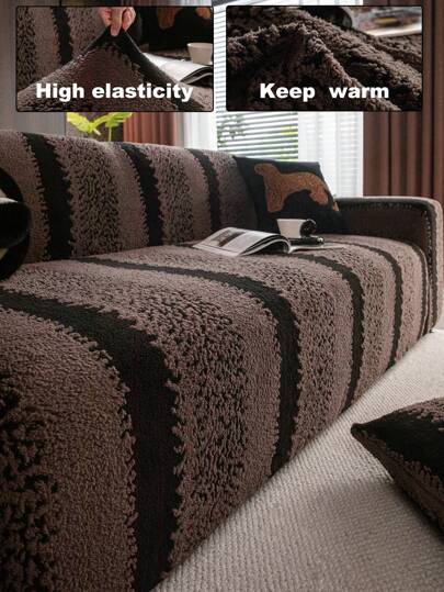 1pc Dual-Color Jacquard Plush Sofa Cover, Elastic Waist Soft Warm Winter Couch Slipcover, Pet Friendly Waterproof Slip Resistant, Fits Single/Loveseat/3-Seater/4-Seater Sofa, Includes Matching Cushion Cover