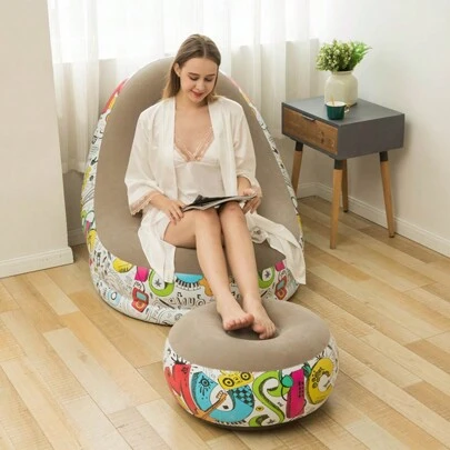 Slouchy Sofa, Inflatable Sofa, Family Inflatable Lounge Chair, Graffiti Pattern Flocking Sofa, With Inflatable Foot Cushion, Suitable For Home Rest Or Office Rest, Outdoor Folding Sofa Chair