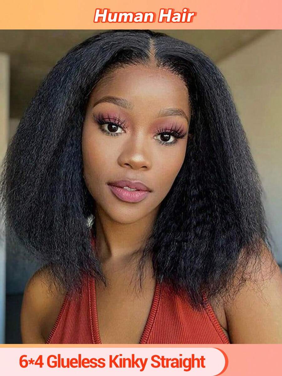 6*4 Glueless Bye Bye Knots Wig Yaki Kinky Straight Bob Wigs Human Hair Pre Bleached Invisible Knots Lace Front Wigs Human Hair Pre Everything Glueless Wigs Pre Plucked Pre Cut - Natural & Black - View 1