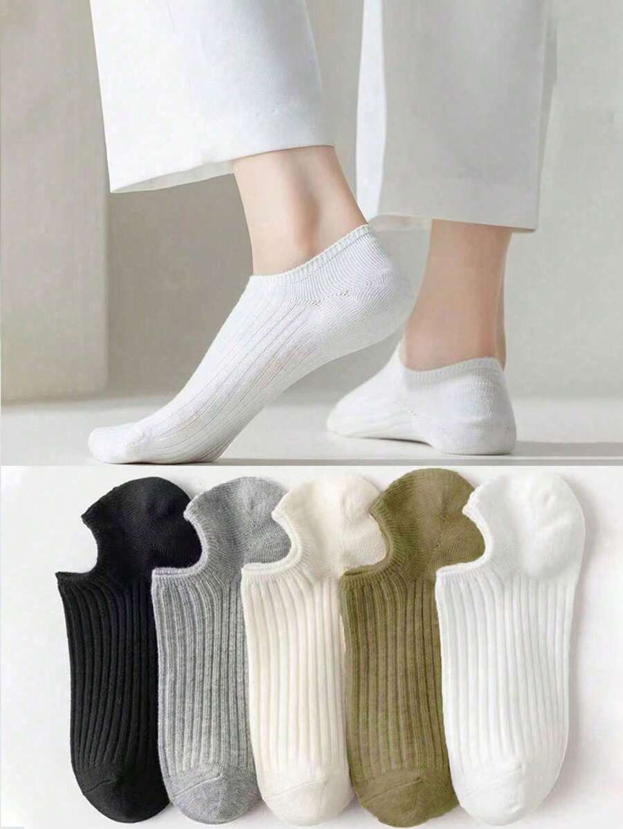 5 Pairs Women Short Socks Breathable Sweat-Absorbent Solid Color Low-Cut Boat Socks Summer No-Show Socks Non-Slip Hidden Socks