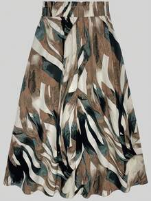 秋冬新品。复古艺术抽象印花半身裙。以棕色和深绿色抽象印花为亮点，高腰系带A字廓形，修身显瘦，尽显女性魅力。复古风格，彰显独特品味和优雅气质。适合通勤、约会、日常穿着及各种场合。 - 彩色 - 查看 2