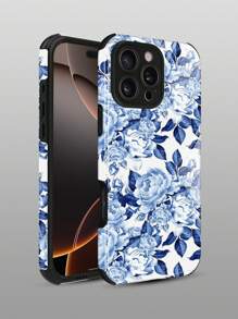 1pc Blue & White Porcelain Peony Flower Pattern Anti-Drop Anti-Slip Shock-Absorbing Soft TPU + Hard PC Dual-Layer Phone Case Compatible With IPhone 16/16Plus/16Pro/16ProMax