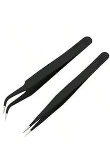2pcs 3d Stickers & Rhinestone Black Stainless Steel Tweezers Tools Kit, Stainless Steel Curved/ Straight/2 Pcs Tweezers,Nail Supplies,Nail Tools,Nail Art Tools,Back To School,Nails,Nail Tools For Press On Nails,Manicure Pedicure Tools - Black - View 1