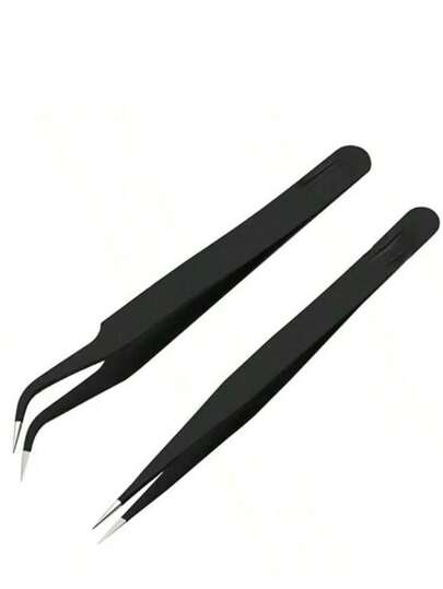 2 st 3D-klistermärken och strass, svart pincett i rostfritt stål, böjd/rak i rostfritt stål/2 st pincett, nageltillbehör, nagelverktyg, nagelkonstverktyg, skolstart, naglar, nagelverktyg för press-on-naglar, manikyr- och pedikyrverktyg