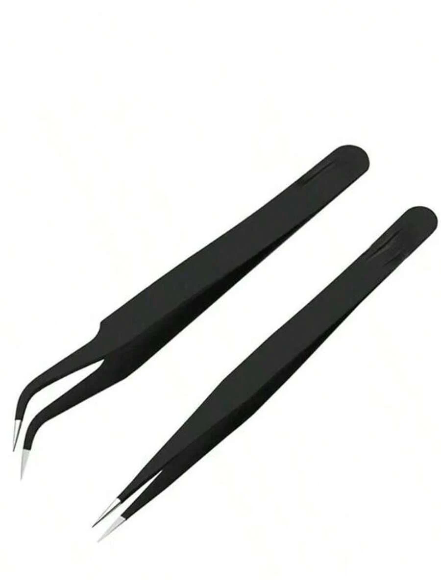 2pcs 3d Stickers & Rhinestone Black Stainless Steel Tweezers Tools Kit, Stainless Steel Curved/ Straight/2 Pcs Tweezers,Nail Supplies,Nail Tools,Nail Art Tools,Back To School,Nails,Nail Tools For Press On Nails,Manicure Pedicure Tools - Black - View 1
