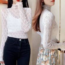 Blusa de malla transparente para mujer, cuello alto y manga larga, de encaje transparente - Blanco - Ver 3