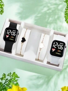 4 buc/Set - 2 buc ceasuri de desene animate cu inimă și cifre pătrate și 2 bucăți brățări în formă de inimă, Ziua Îndrăgostiților, Crăciun, Cadouri de absolvire, Cadouri pentru cupluri, Ceasuri pentru cuplu și set de brățări