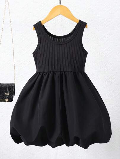 4-7 岁女童可爱甜美无袖连衣裙，罗纹针织面料上衣，穿着舒适，蓬松泡泡裙，俏皮公主风，适合日常穿着、泳池派对等