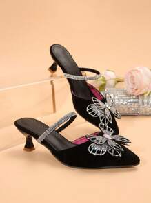 Women's Summer Low Heel Suede Slip-On Flats, Pointed Toe Design With Rhinestone Butterfly Decor, Elegant New Casual Everyday Shoes For Party & Commuting