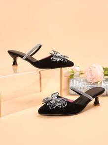 Women's Summer Low Heel Suede Slip-On Flats, Pointed Toe Design With Rhinestone Butterfly Decor, Elegant New Casual Everyday Shoes For Party & Commuting