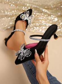 Women's Summer Low Heel Suede Slip-On Flats, Pointed Toe Design With Rhinestone Butterfly Decor, Elegant New Casual Everyday Shoes For Party & Commuting