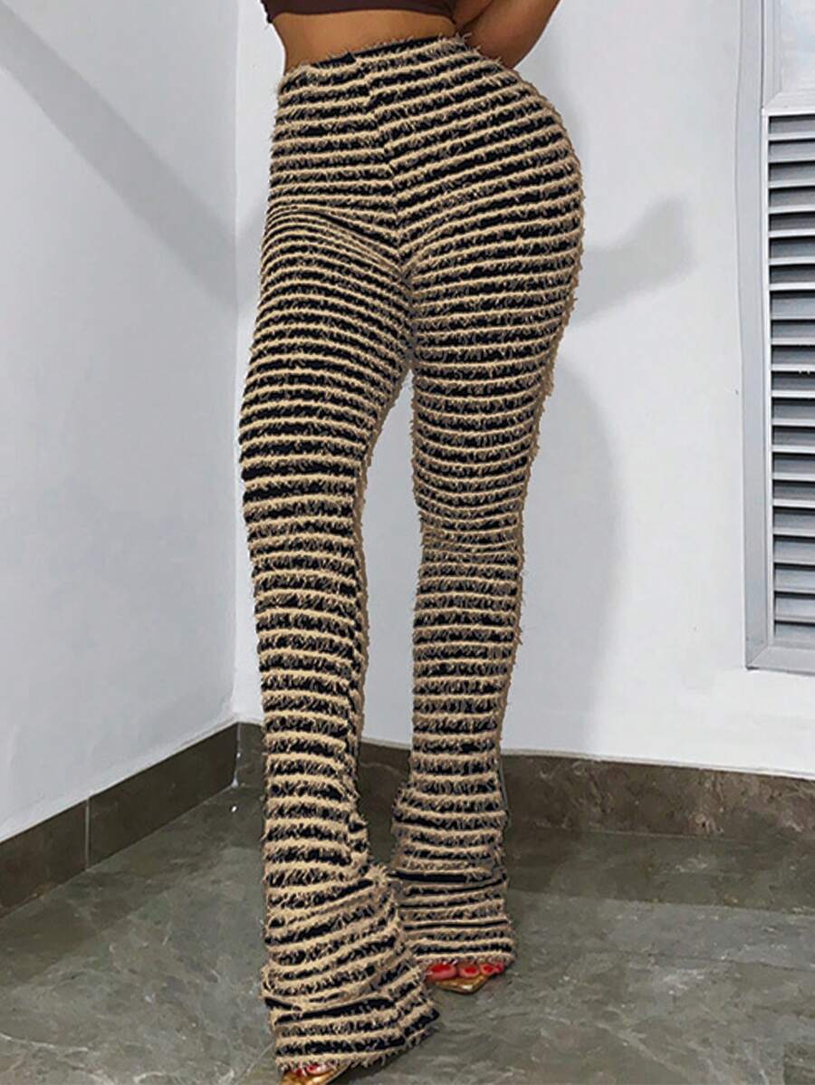 Women's Leggings Women's Layered Striped Plush Knitted Ultra-Long Pants Sexy Women's Clothing - 棕色 - 查看 1