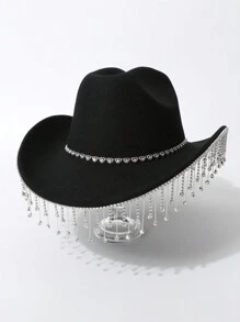 1 peça chapéu de cowboy ocidental com borla de gota d'água e coração de cor sólida, decoração de strass, chapéu de viagem casual, adequado para festa/casamento/performance de palco, presente de dia dos namorados