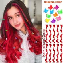 Set de 10 extensiones de cabello de colores, un color de cabello que les encanta a los niños. Mariposa con clip, bello color, rizado y ondulado, peluca sintética con mechones para niñas, mujeres y niños, multicolor, regalo de Navidad, fiesta, cosplay y festival - Multicolor - Ver 15