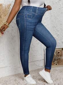 Plus Size Women Jeggings Printed Casual Pants - Navy Blue - View 2