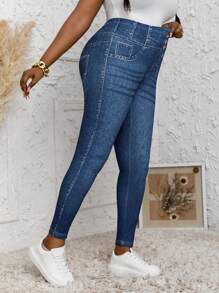 Plus Size Women Jeggings Printed Casual Pants - Navy Blue - View 4