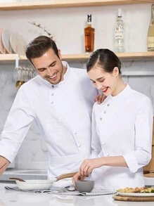 Unisex Solid Color Front Snap Button Long Sleeve Chef Jacket, Restaurant Kitchen Cooking Uniform