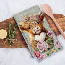 2pcs/Set Sunflower & Highland Cow Patterned Colorful Kitchen Towels, Farmhouse Style Dish Cloths, Floral & Cow Print Dish Rags, Holiday Tea Towels, Kitchen & Bath Decor, 17.7" X 27.6"