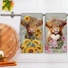 2pcs/Set Sunflower & Highland Cow Patterned Colorful Kitchen Towels, Farmhouse Style Dish Cloths, Floral & Cow Print Dish Rags, Holiday Tea Towels, Kitchen & Bath Decor, 17.7" X 27.6"