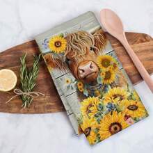 2pcs/Set Sunflower & Highland Cow Patterned Colorful Kitchen Towels, Farmhouse Style Dish Cloths, Floral & Cow Print Dish Rags, Holiday Tea Towels, Kitchen & Bath Decor, 17.7" X 27.6"