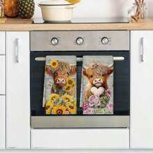 2pcs/Set Sunflower & Highland Cow Patterned Colorful Kitchen Towels, Farmhouse Style Dish Cloths, Floral & Cow Print Dish Rags, Holiday Tea Towels, Kitchen & Bath Decor, 17.7" X 27.6"