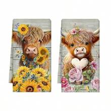 2pcs/Set Sunflower & Highland Cow Patterned Colorful Kitchen Towels, Farmhouse Style Dish Cloths, Floral & Cow Print Dish Rags, Holiday Tea Towels, Kitchen & Bath Decor, 17.7" X 27.6"