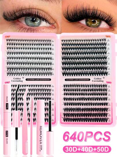640PCS Dramatic C-Curl 8-16MM Mix DIY Lash Extension Kit Set DIY Bottom Lashes Eyelashes Book Big Volume Soft Individual Cluster Lashes Create A Fluffy Natural Wispy Y2k Butterfly Elements Pink Base Card Look At Home Long Lasting DIY Lashes Glue, DIY Glue Remover, DIY Lashes Tweezers (Bottom Lashes+30D+40D+50D*2) Lash Clusters Kit, Lashes, Eyelashes, Fake Lashes