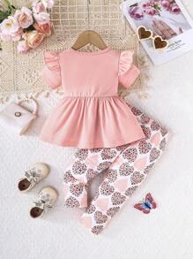 2 pezzi Set bebè ragazza, maglietta a maniche corte di colore solido con fiocco decorativo e pantaloncini a forma di cuore, adatto per primavera/estate, San Valentino - Rosa - Visualizzare 10
