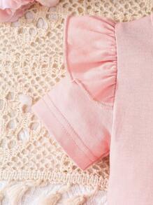 2 pezzi Set bebè ragazza, maglietta a maniche corte di colore solido con fiocco decorativo e pantaloncini a forma di cuore, adatto per primavera/estate, San Valentino - Rosa - Visualizzare 5