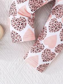 2 pezzi Set bebè ragazza, maglietta a maniche corte di colore solido con fiocco decorativo e pantaloncini a forma di cuore, adatto per primavera/estate, San Valentino - Rosa - Visualizzare 9