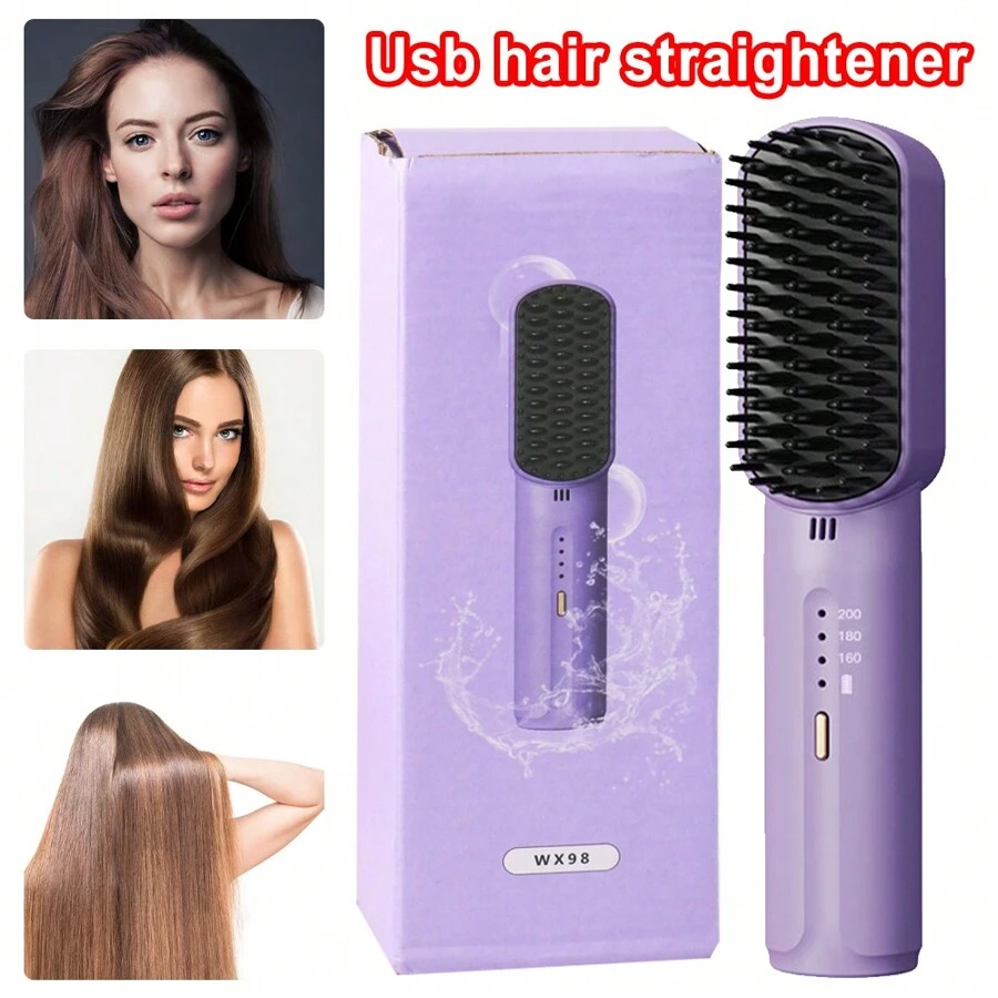 Portable Hair Straightener Brush AntiScald Hair Cordless Hair Straightener Brush, Professional Hair Straightener Brush Perfect Gift - Purple - View 1