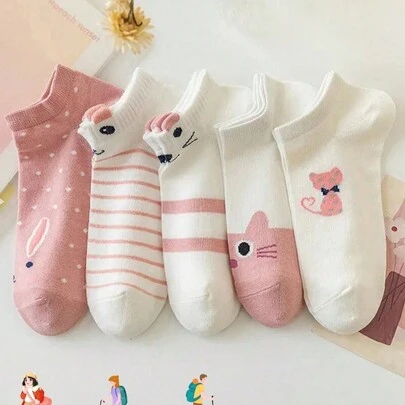 5双装女士休闲短袜，粉色猫咪图案，轻薄透气踝袜，可爱舒适，四季皆宜