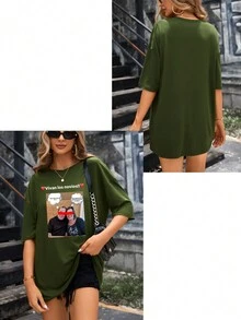 Customized Text + Image Women's Loose T-Shirt, Personalized Pattern Design, Upload Your Family/Friends/Couples/Pets Photos, Birthday/Anniversary - Army Green - View 3