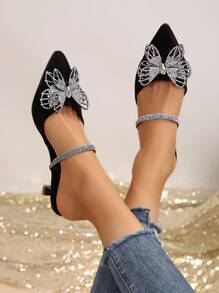 Women's Summer Low Heel Suede Slip-On Flats, Pointed Toe Design With Rhinestone Butterfly Decor, Elegant New Casual Everyday Shoes For Party & Commuting