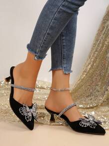 Women's Summer Low Heel Suede Slip-On Flats, Pointed Toe Design With Rhinestone Butterfly Decor, Elegant New Casual Everyday Shoes For Party & Commuting