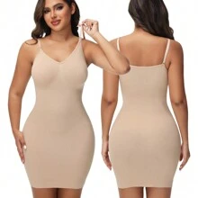 Women Tummy Control Shapewear Slip Dress Sexy V-Neck Under Dresses Body Shaper Seamless Compression Bodycon Shaping Full Slips Skirt Slimming Underdress Underwear Tube Stretchy Mini Dress Spaghetti Strap