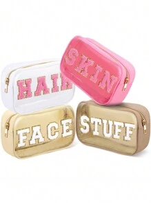 字母设计化妆包旅行收纳袋，天鹅绒拉链化妆包，学院风格防水化妆包，适合女性和女孩（浅棕色、米色、浅粉色、白色）